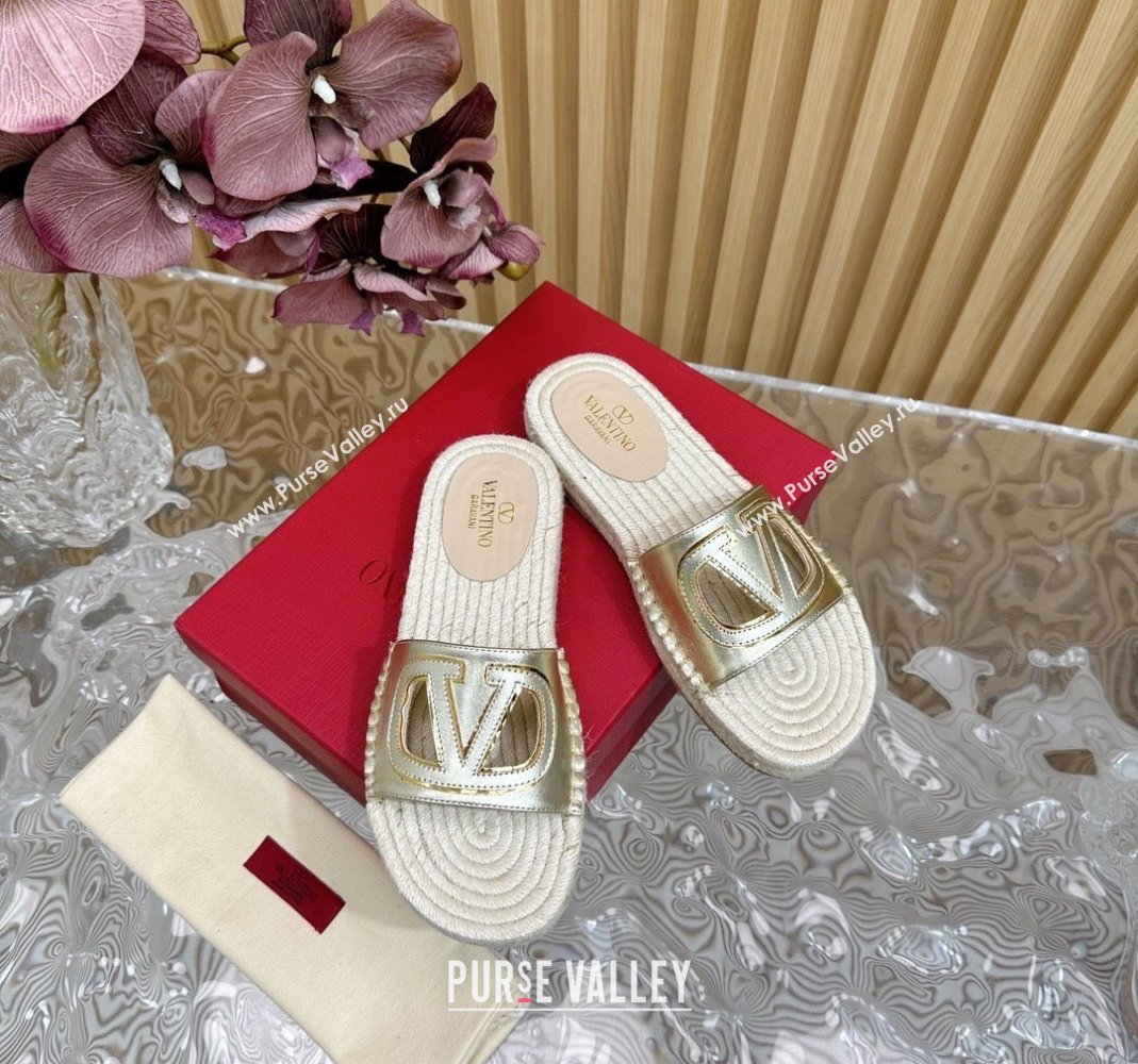 Valentino VLogo Cut-out Espadrille Flat Slides Sandal in Calfskin Gold 2024 0612 (MD-240612122)