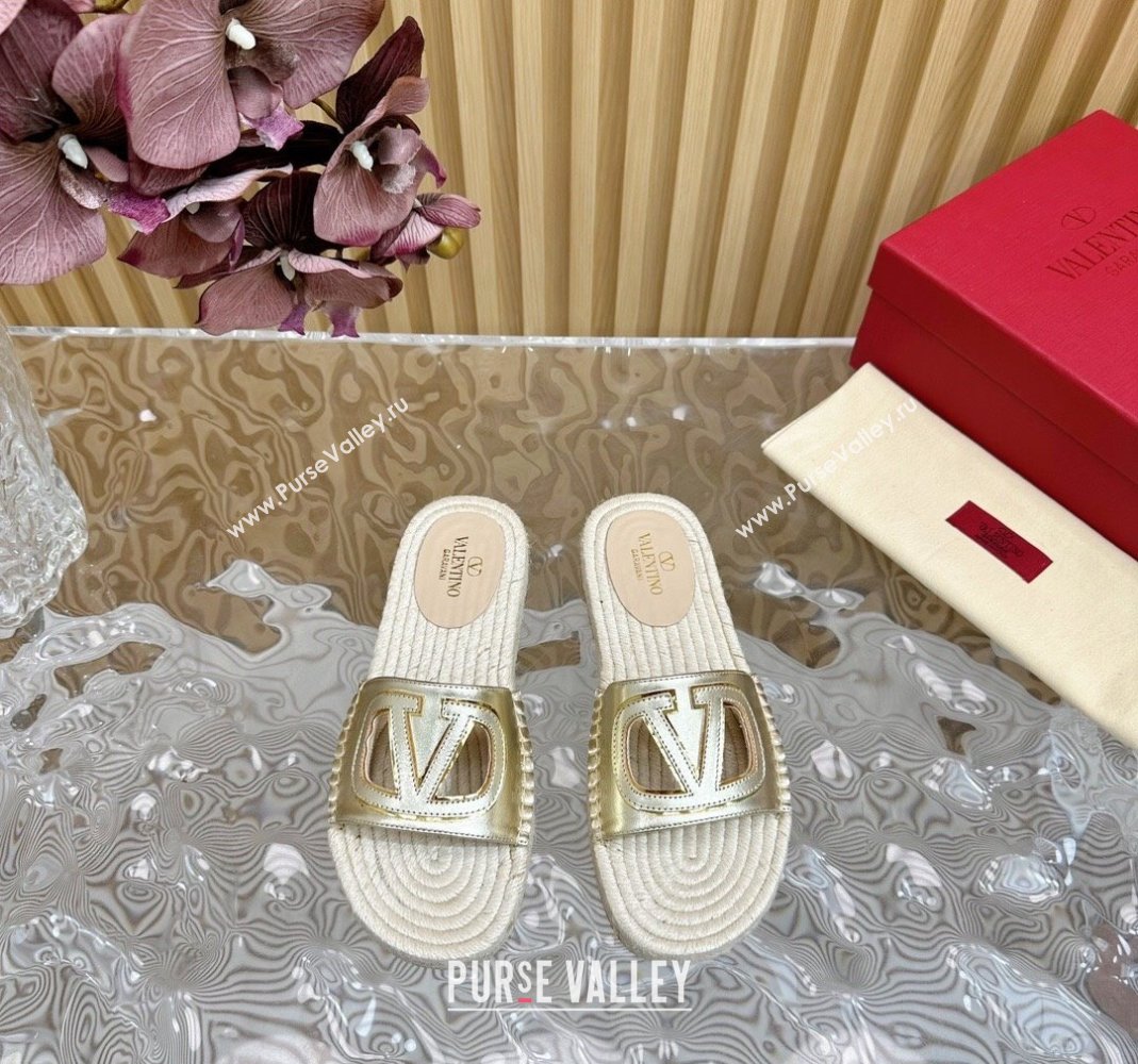 Valentino VLogo Cut-out Espadrille Flat Slides Sandal in Calfskin Gold 2024 0612 (MD-240612122)