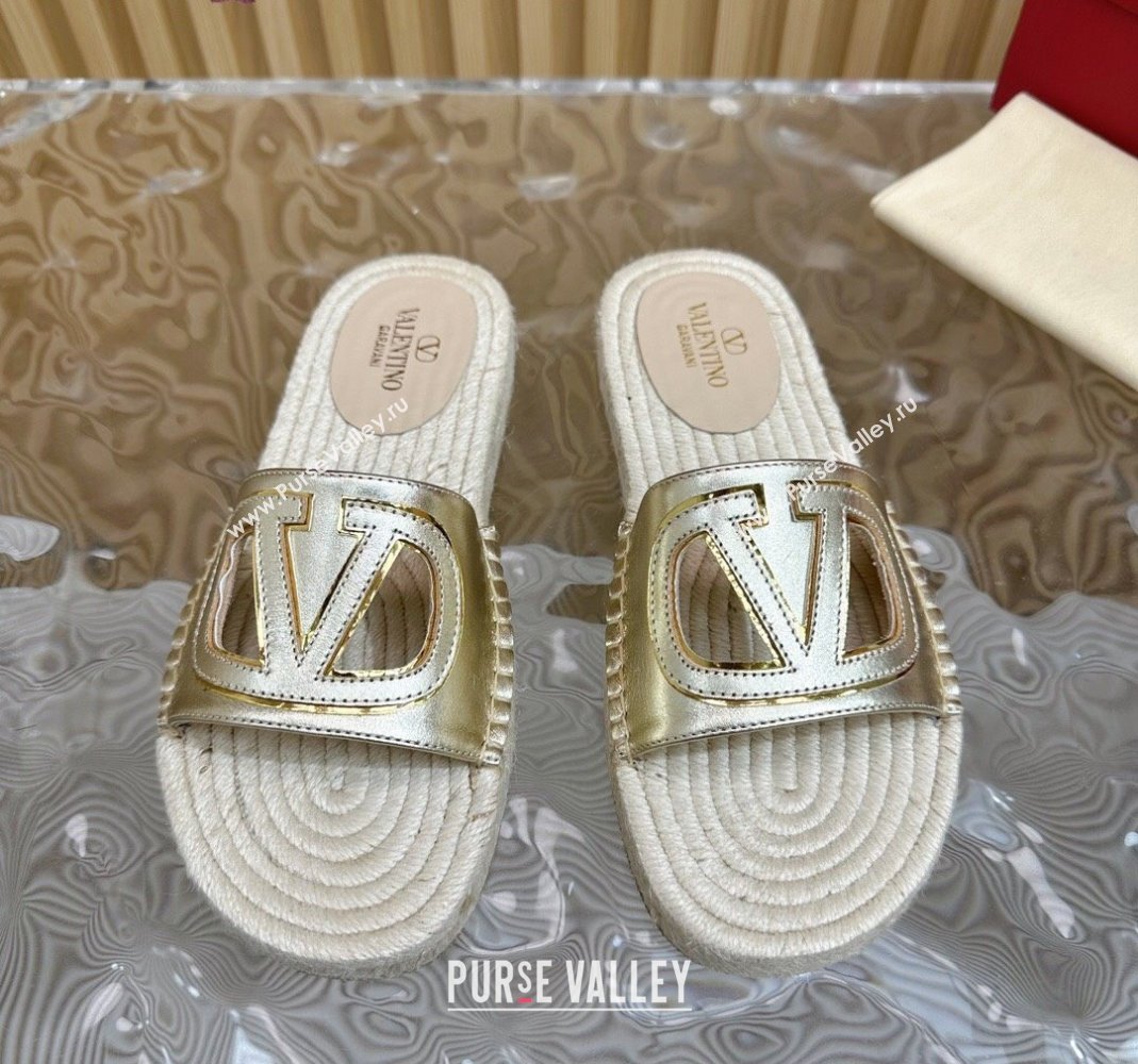 Valentino VLogo Cut-out Espadrille Flat Slides Sandal in Calfskin Gold 2024 0612 (MD-240612122)