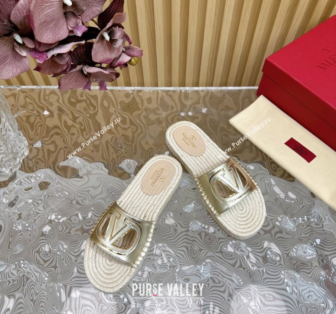 Valentino VLogo Cut-out Espadrille Flat Slides Sandal in Calfskin Gold 2024 0612 (MD-240612122)