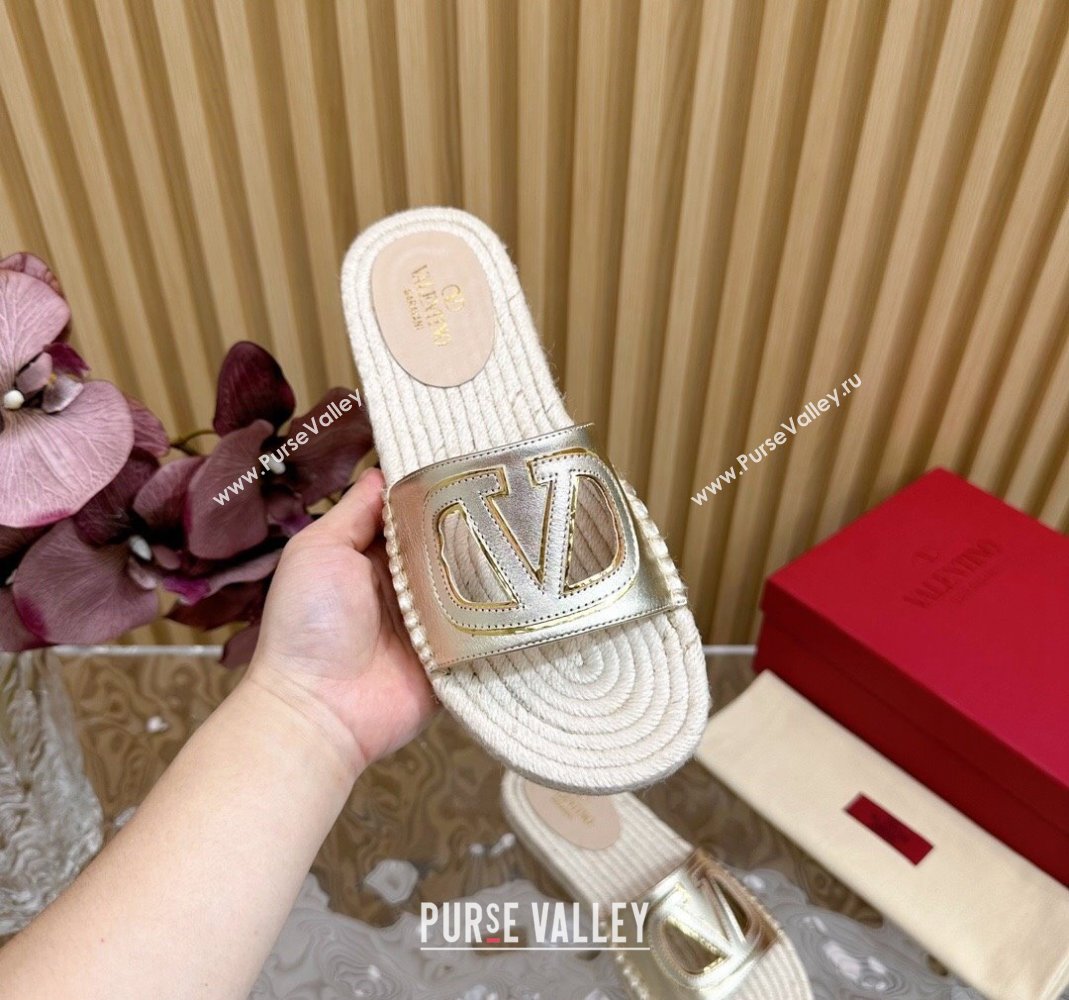 Valentino VLogo Cut-out Espadrille Flat Slides Sandal in Calfskin Gold 2024 0612 (MD-240612122)