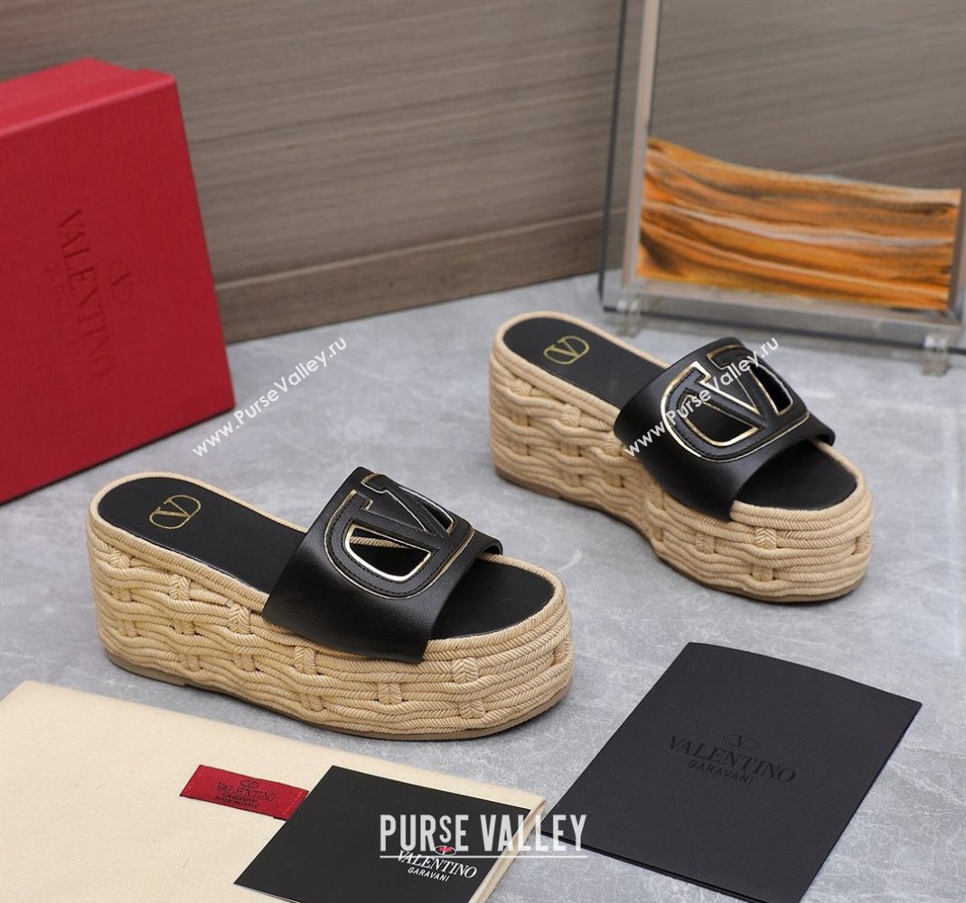 Valentino VLogo Cut-out Wedge Sandals 8.5cm in Calfskin and Rope Black 2024 0612 (MD-240612125)