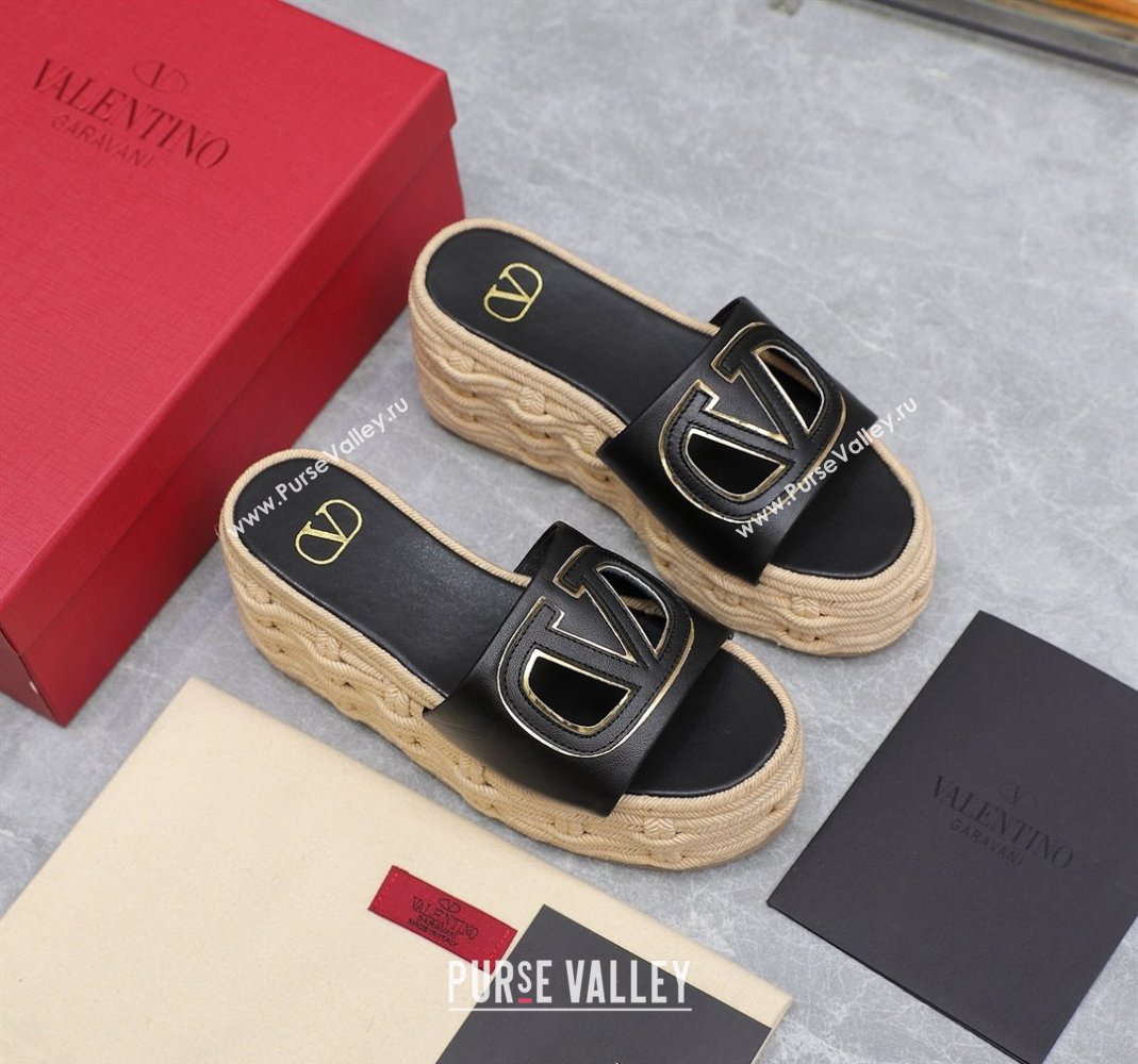 Valentino VLogo Cut-out Wedge Sandals 8.5cm in Calfskin and Rope Black 2024 0612 (MD-240612125)