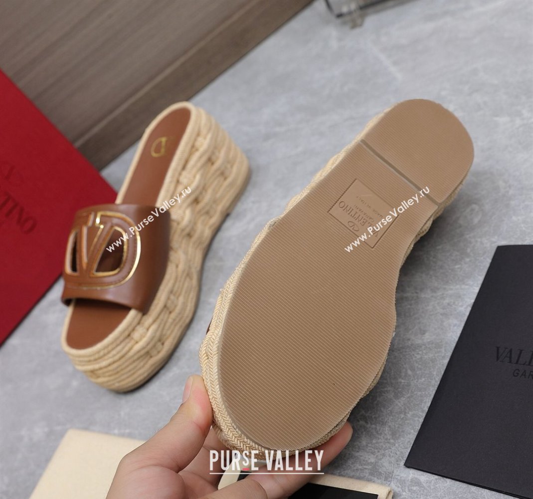 Valentino VLogo Cut-out Wedge Sandals 8.5cm in Calfskin and Rope Brown 2024 0612 (MD-240612129)