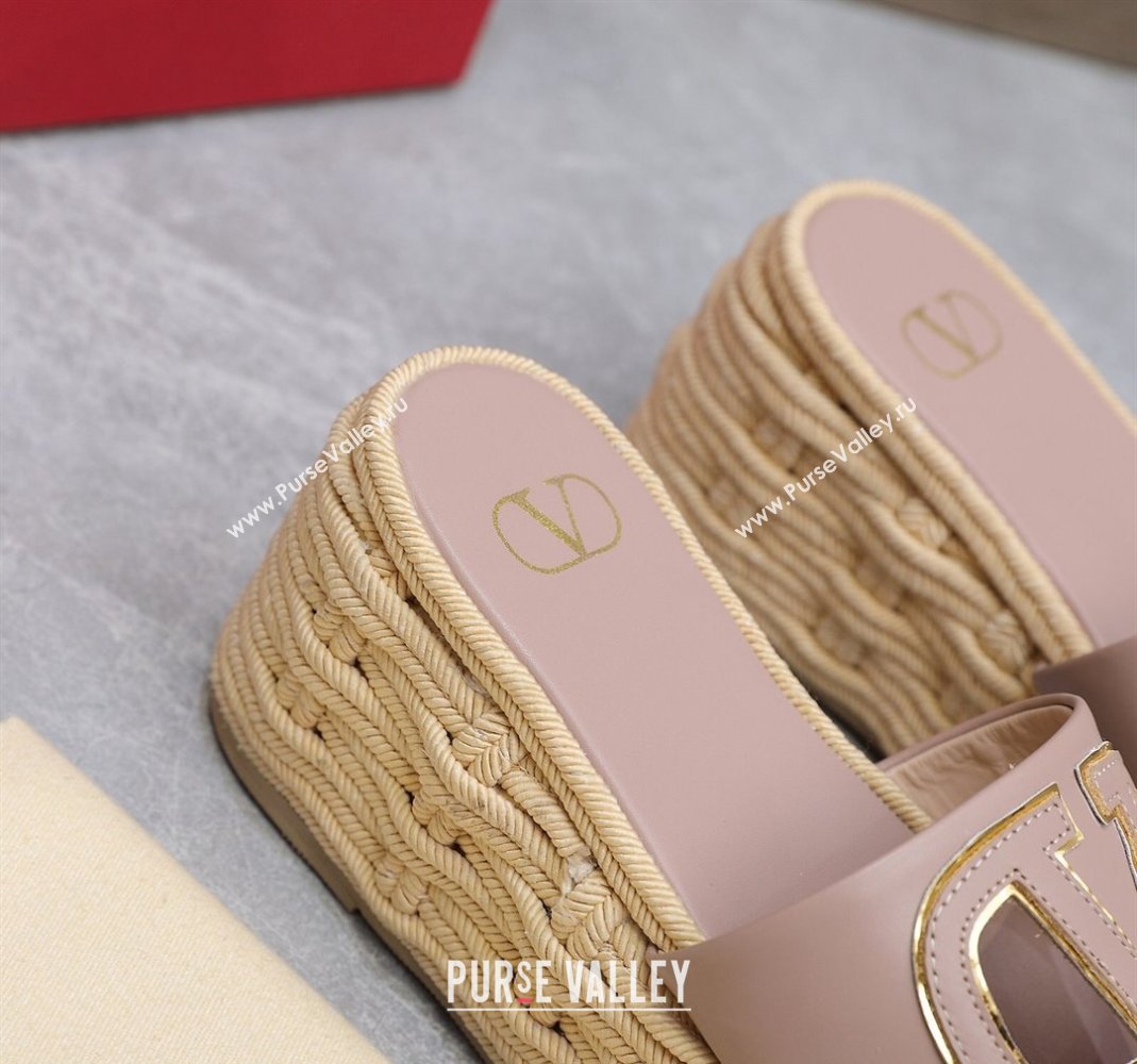 Valentino VLogo Cut-out Wedge Sandals 8.5cm in Calfskin and Rope Light Pink 2024 0612 (MD-240612131)