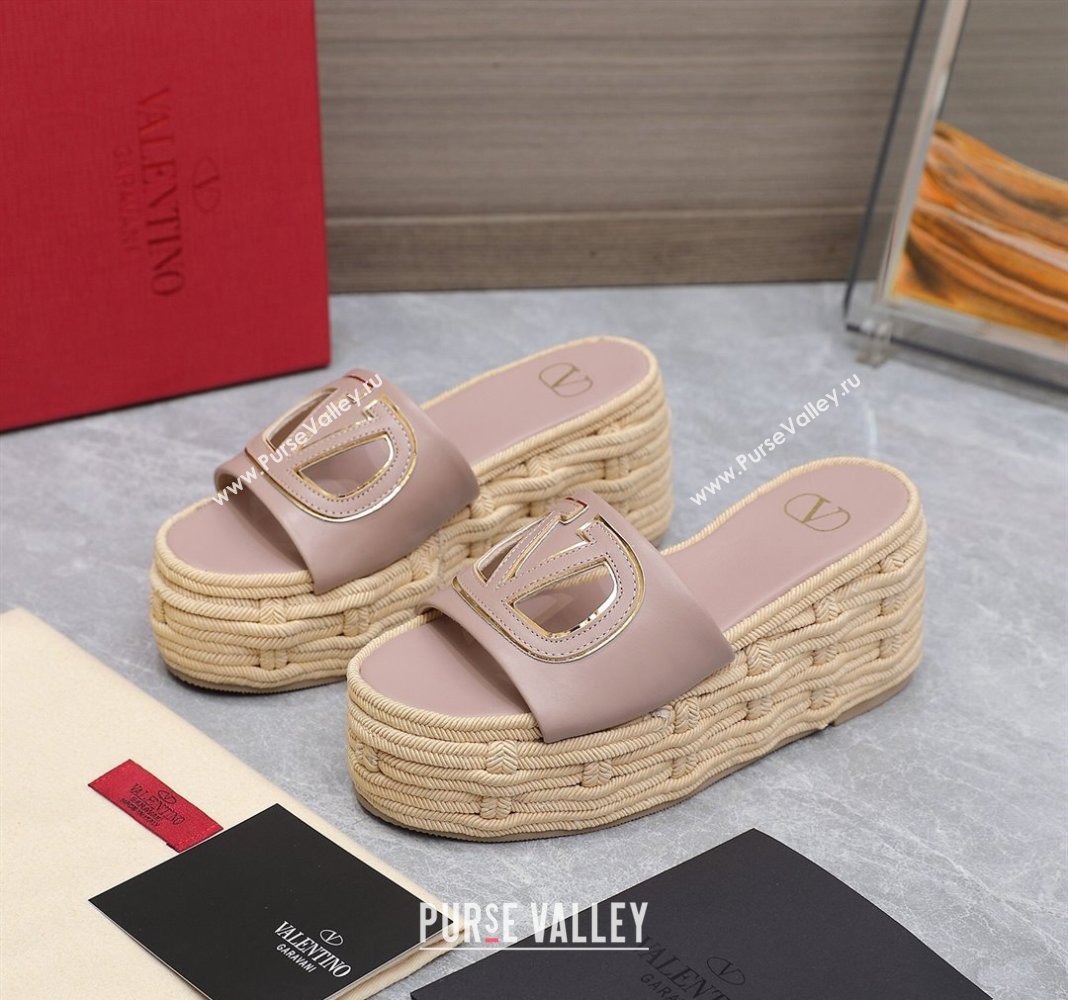 Valentino VLogo Cut-out Wedge Sandals 8.5cm in Calfskin and Rope Light Pink 2024 0612 (MD-240612131)