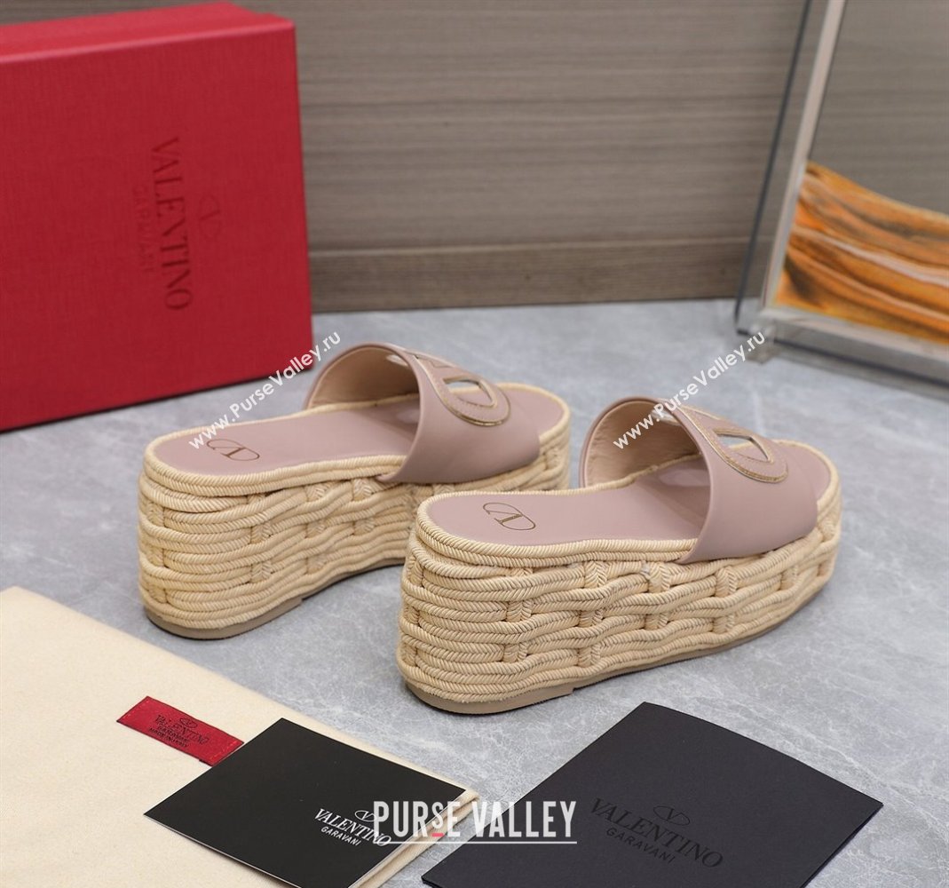 Valentino VLogo Cut-out Wedge Sandals 8.5cm in Calfskin and Rope Light Pink 2024 0612 (MD-240612131)