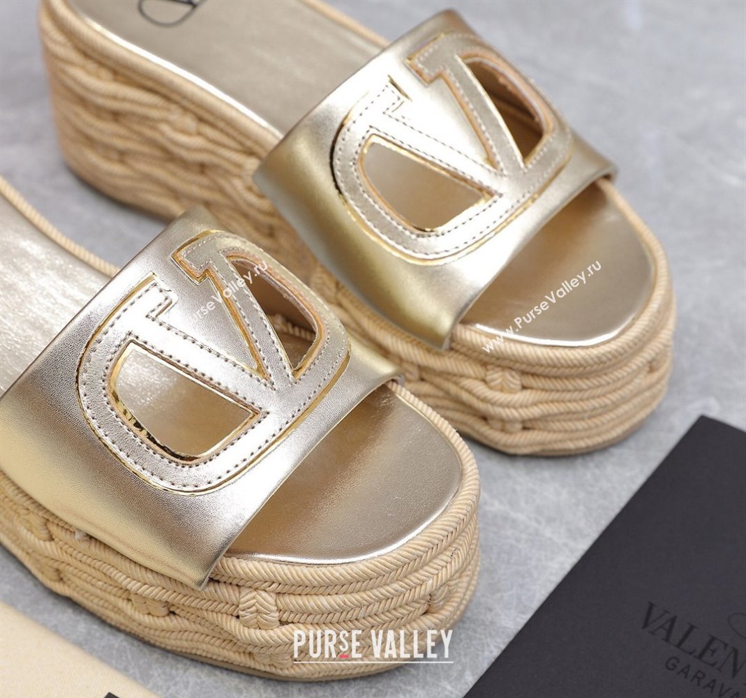 Valentino VLogo Cut-out Wedge Sandals 8.5cm in Calfskin and Rope Gold 2024 0612 (MD-240612132)