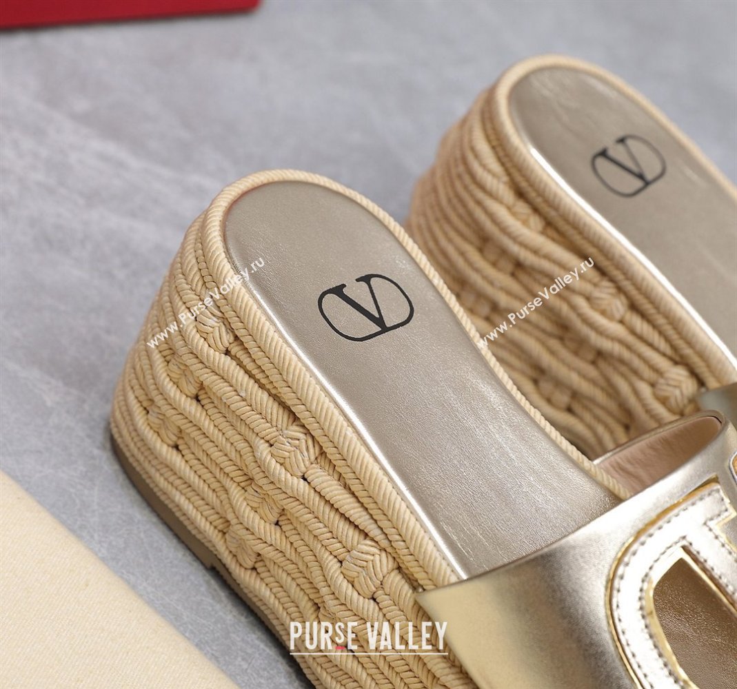 Valentino VLogo Cut-out Wedge Sandals 8.5cm in Calfskin and Rope Gold 2024 0612 (MD-240612132)