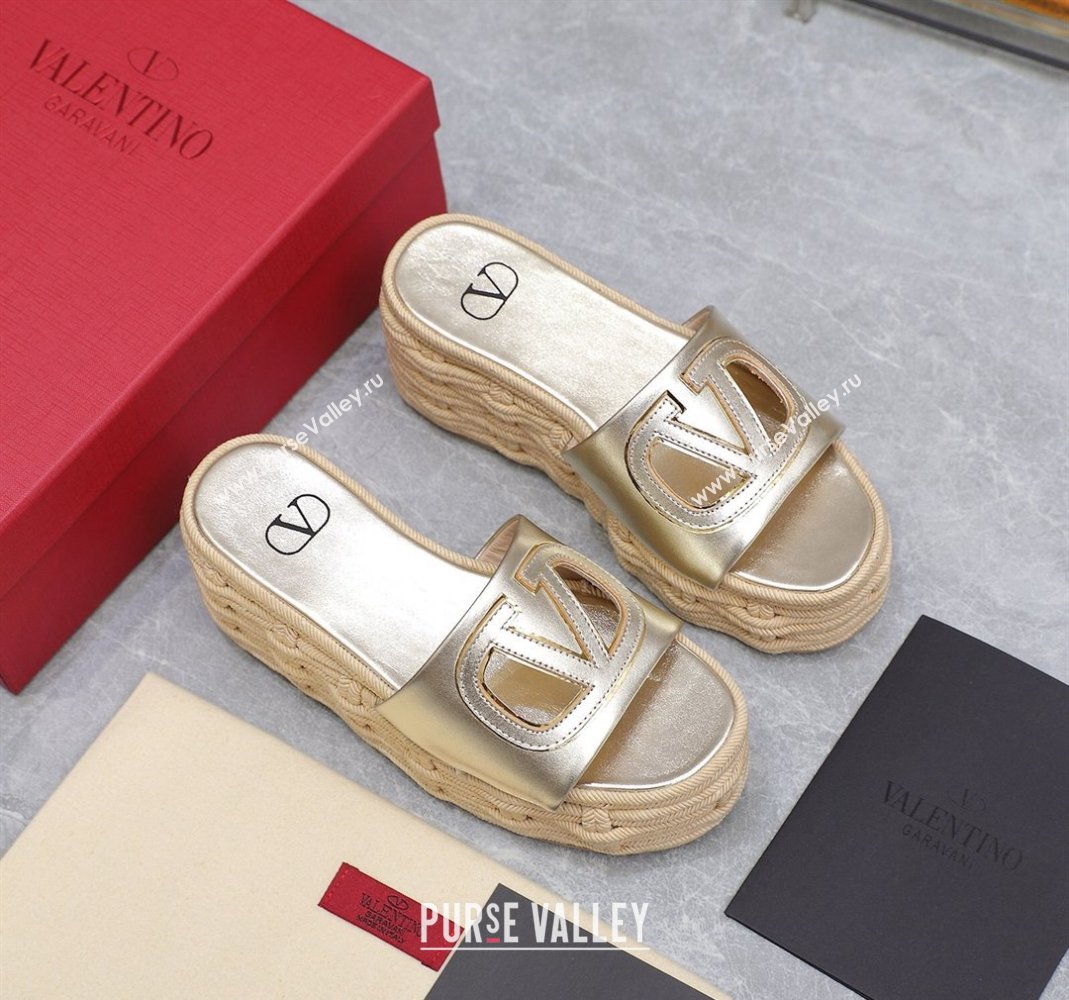 Valentino VLogo Cut-out Wedge Sandals 8.5cm in Calfskin and Rope Gold 2024 0612 (MD-240612132)