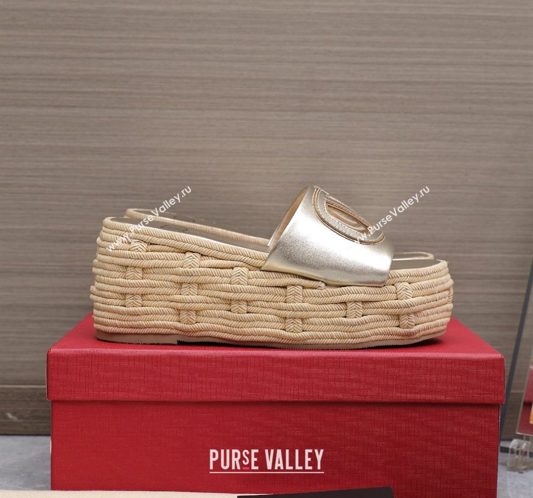 Valentino VLogo Cut-out Wedge Sandals 8.5cm in Calfskin and Rope Gold 2024 0612 (MD-240612132)