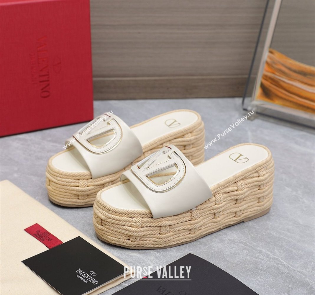 Valentino VLogo Cut-out Wedge Sandals 8.5cm in Calfskin and Rope White 2024 0612 (MD-240612133)