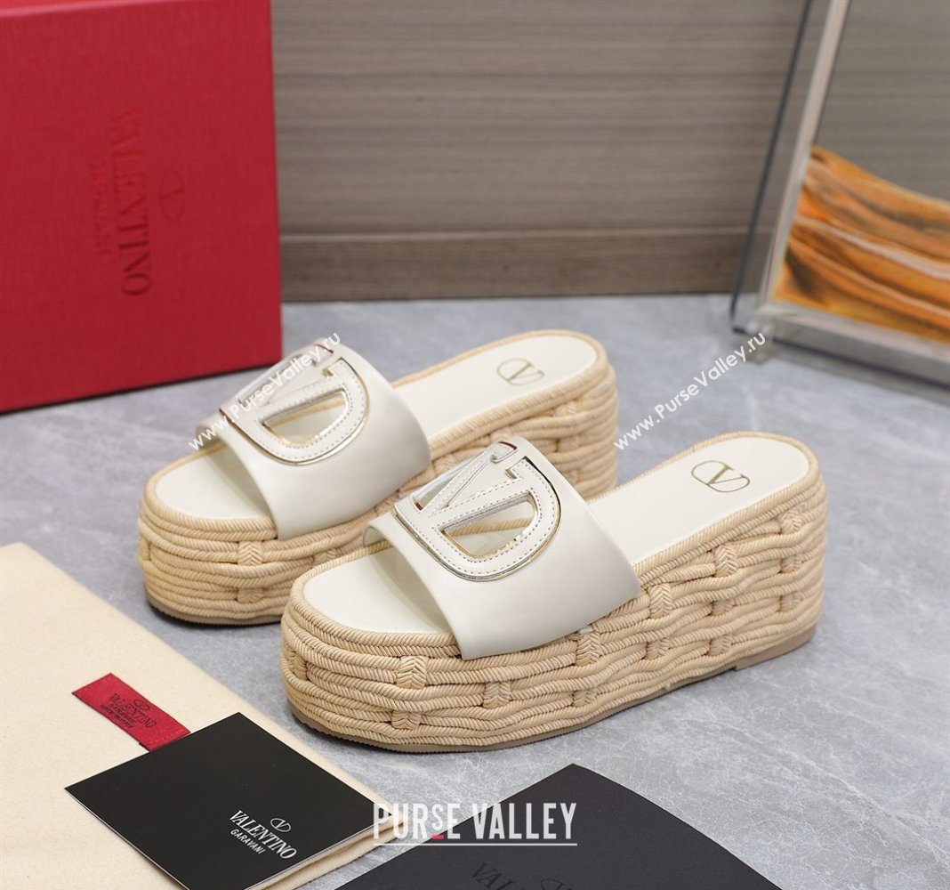 Valentino VLogo Cut-out Wedge Sandals 8.5cm in Calfskin and Rope White 2024 0612 (MD-240612133)