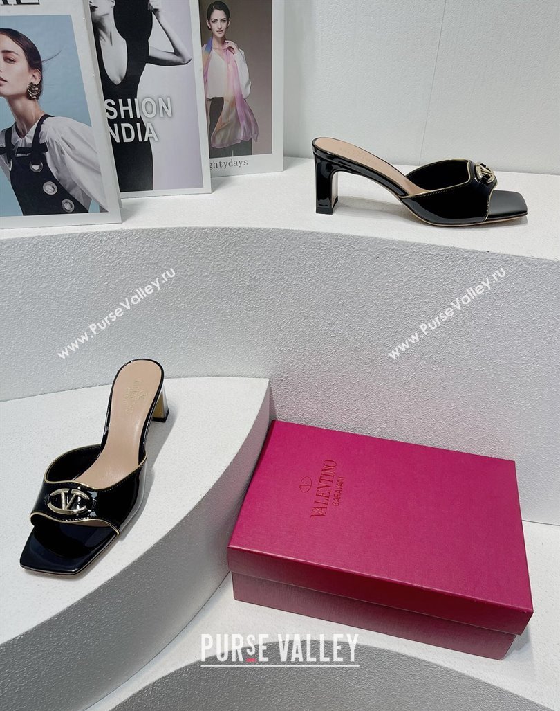 Valentino The Bold Edition VLogo Heel Slides Sandal in Patent Calfskin Black 2024 0612 (MD-240612029)