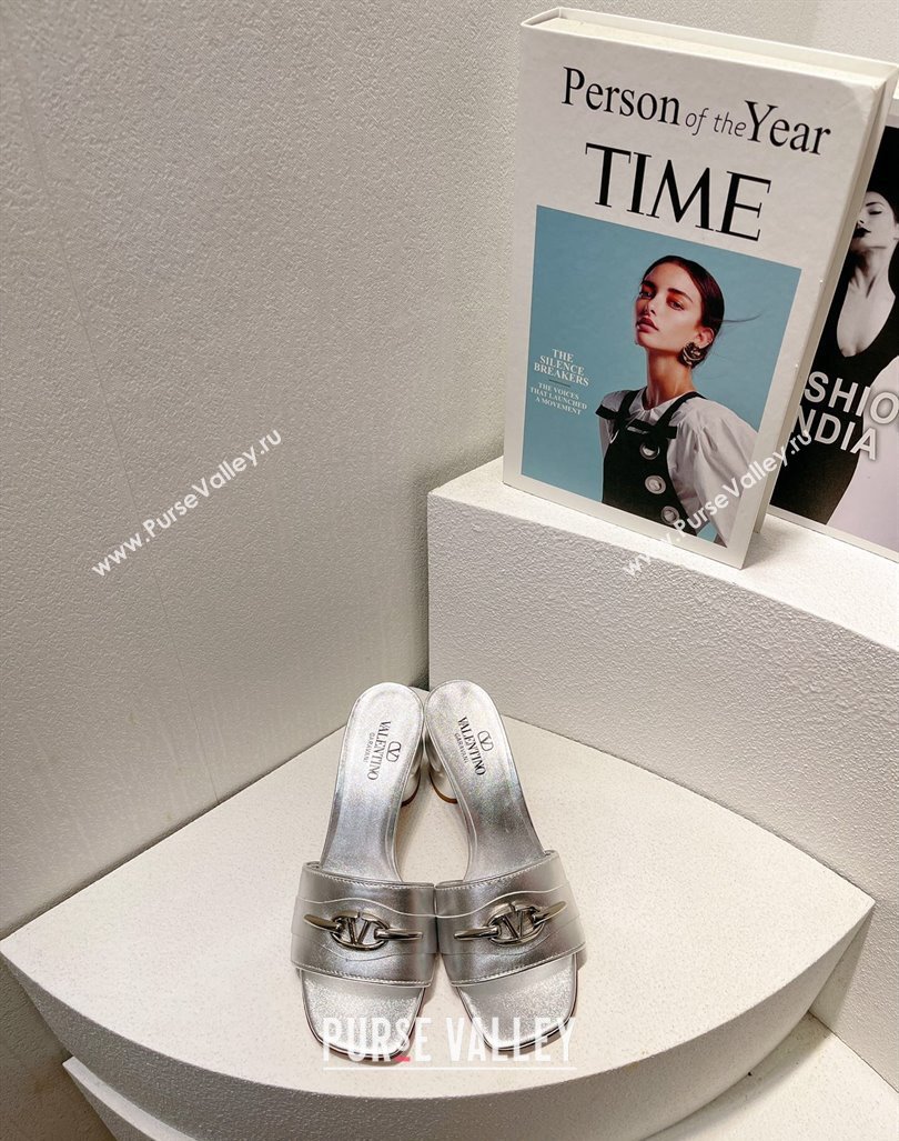 Valentino The Bold Edition VLogo Heel Slides Sandal in Calfskin Silver 2024 061202 (MD-240612032)