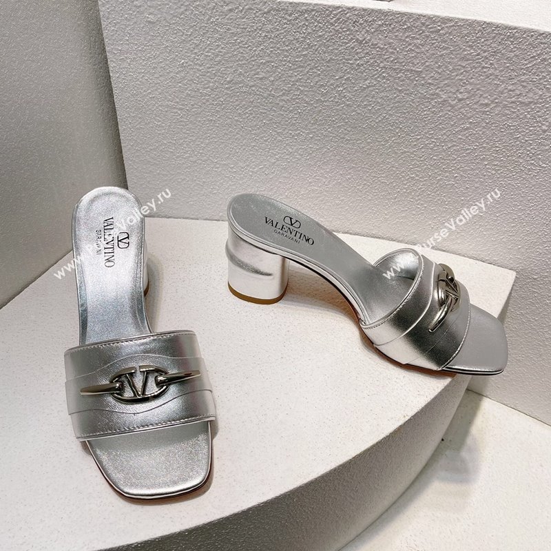 Valentino The Bold Edition VLogo Heel Slides Sandal in Calfskin Silver 2024 061202 (MD-240612032)