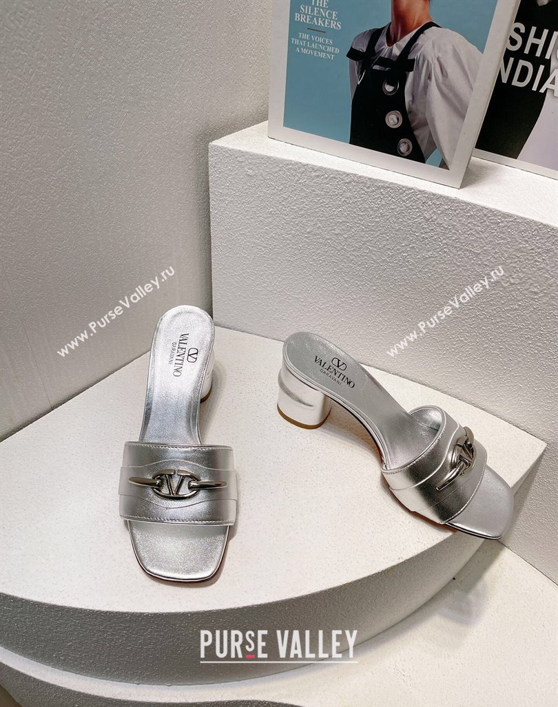 Valentino The Bold Edition VLogo Heel Slides Sandal in Calfskin Silver 2024 061202 (MD-240612032)