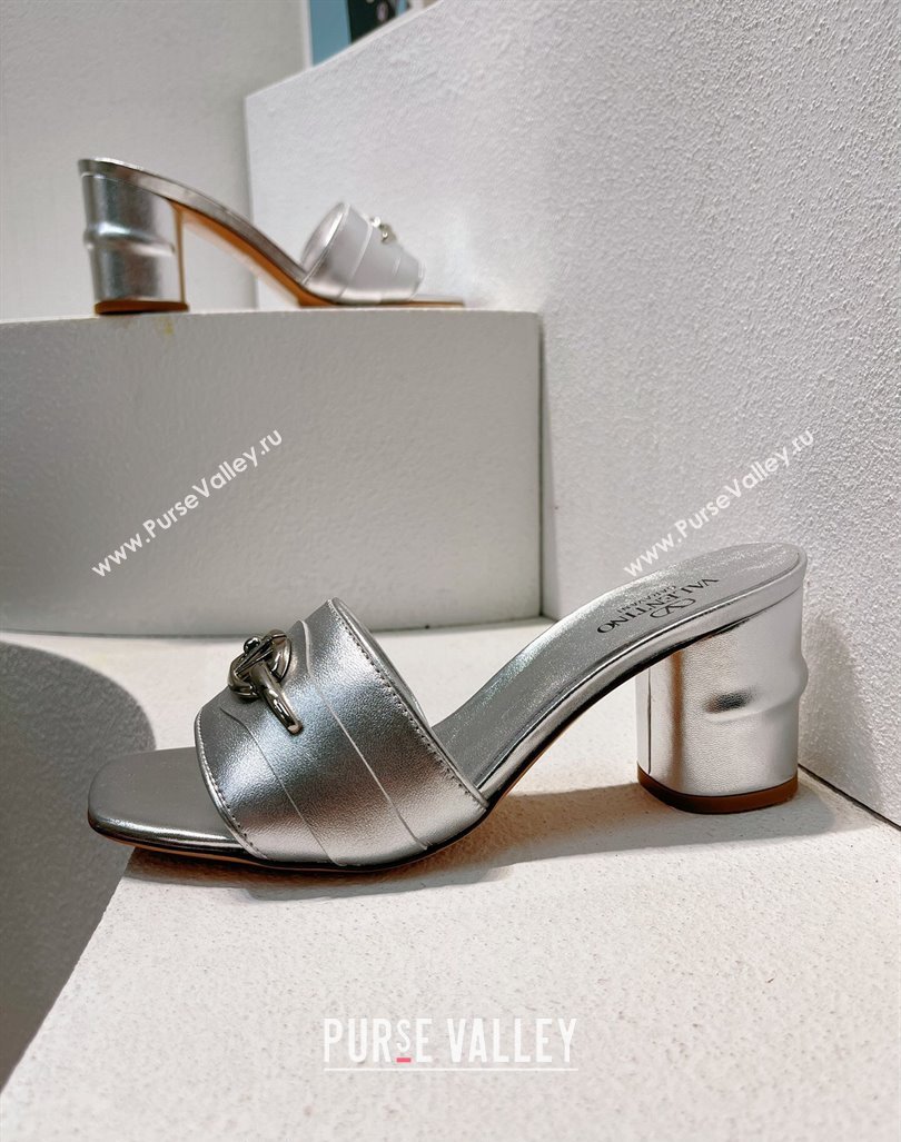 Valentino The Bold Edition VLogo Heel Slides Sandal in Calfskin Silver 2024 061202 (MD-240612032)