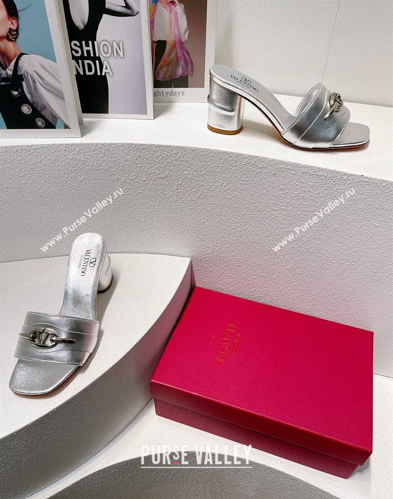 Valentino The Bold Edition VLogo Heel Slides Sandal in Calfskin Silver 2024 061202 (MD-240612032)