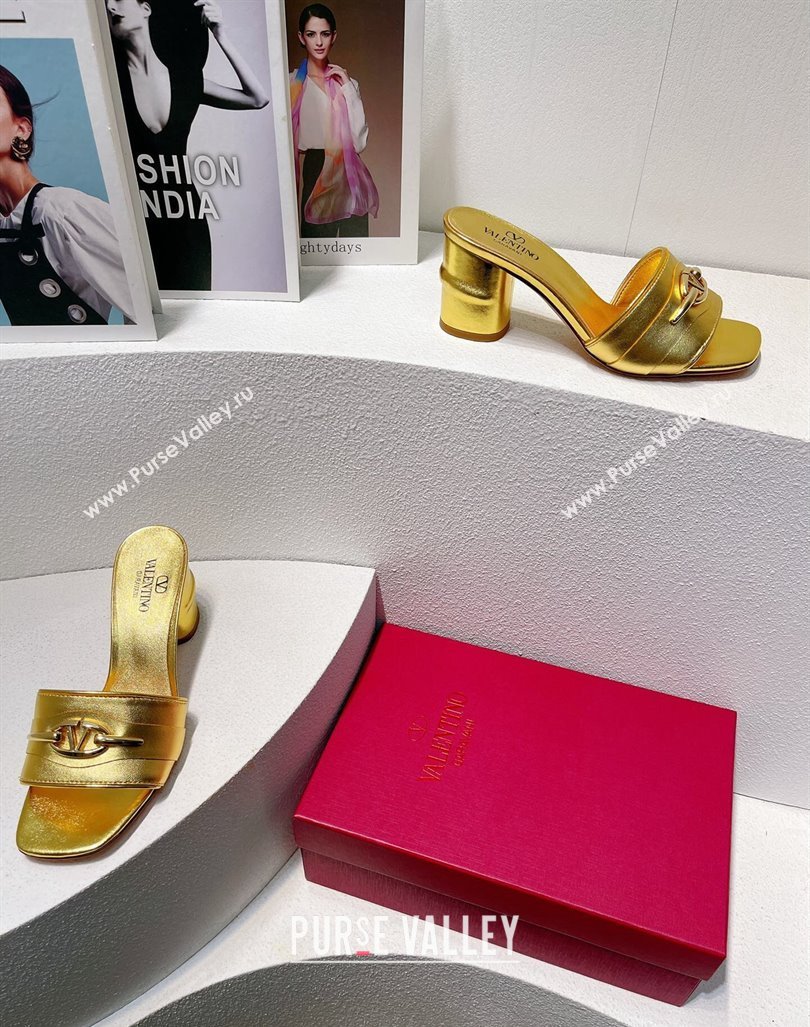 Valentino The Bold Edition VLogo Heel Slides Sandal in Calfskin Gold 2024 061202 (MD-240612033)