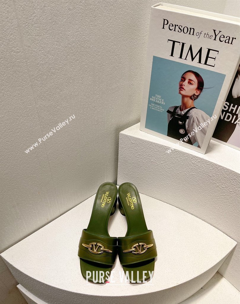 Valentino The Bold Edition VLogo Heel Slides Sandal in Calfskin Dark Green 2024 061202 (MD-240612035)