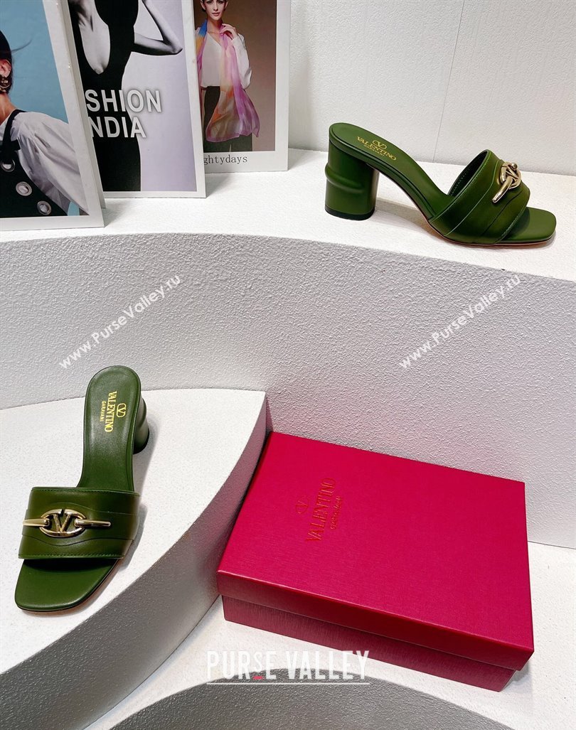 Valentino The Bold Edition VLogo Heel Slides Sandal in Calfskin Dark Green 2024 061202 (MD-240612035)