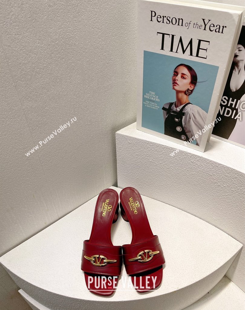 Valentino The Bold Edition VLogo Heel Slides Sandal in Calfskin Burgundy 2024 061202 (MD-240612036)