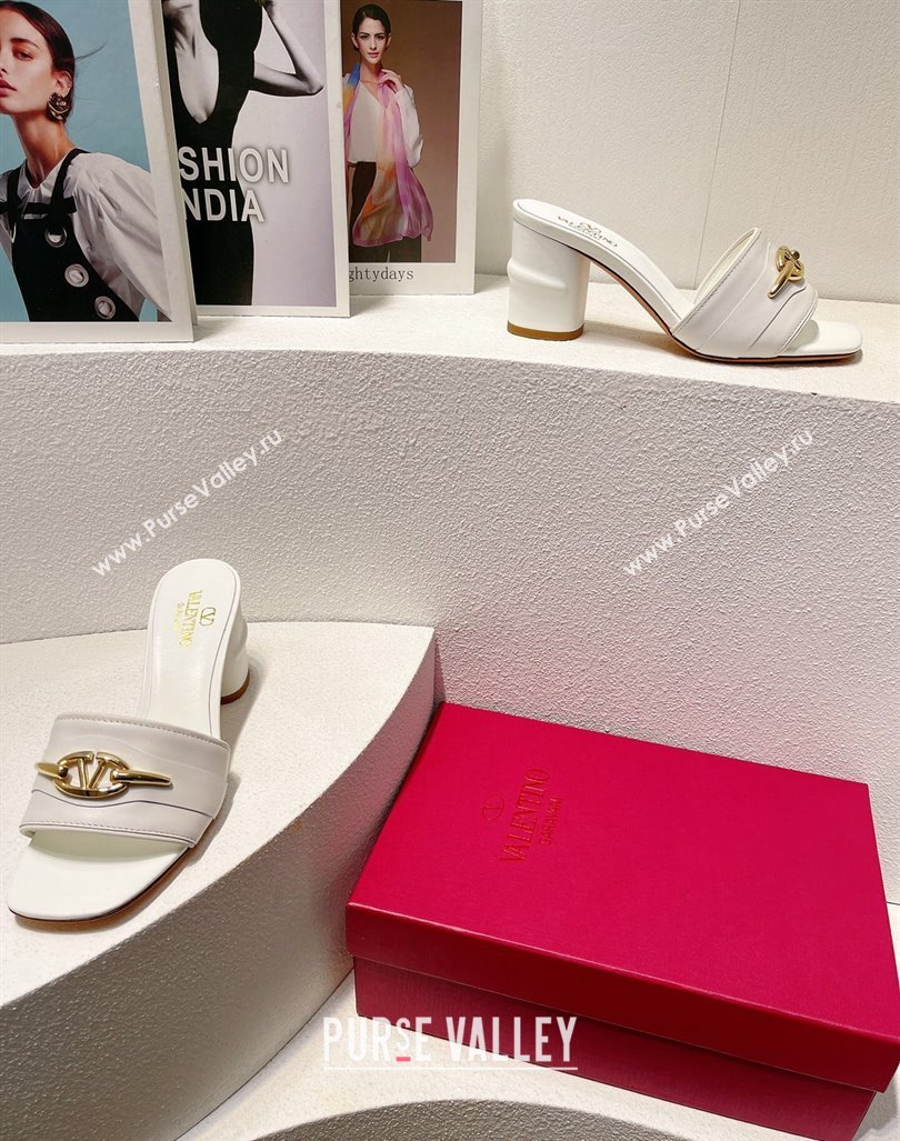 Valentino The Bold Edition VLogo Heel Slides Sandal in Calfskin White 2024 061202 (MD-240612038)