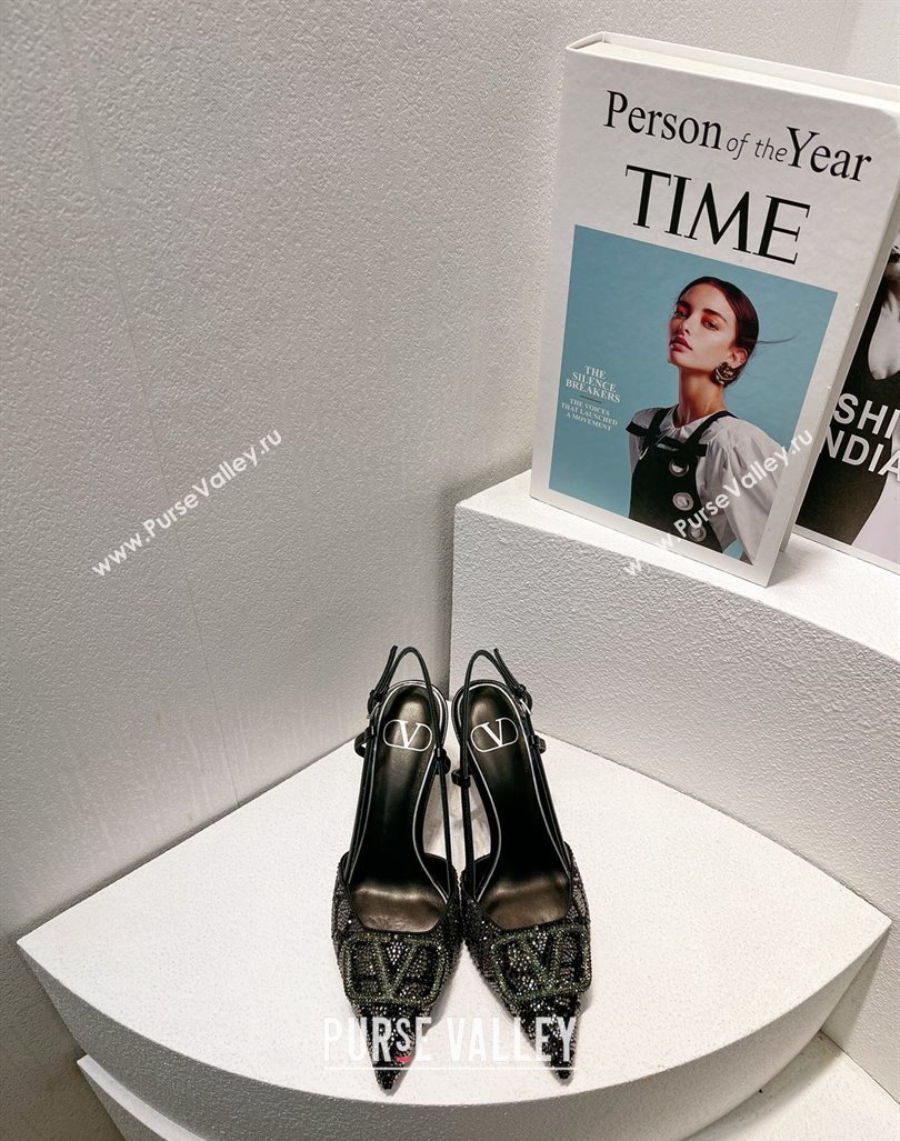 Valentino VLogo Slingback Pumps 8cm in Toile Iconographe Strass Black/Green 2024 0612 (MD-240612058)