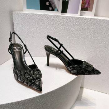 Valentino VLogo Slingback Pumps 8cm in Toile Iconographe Strass Black/Green 2024 0612 (MD-240612058)