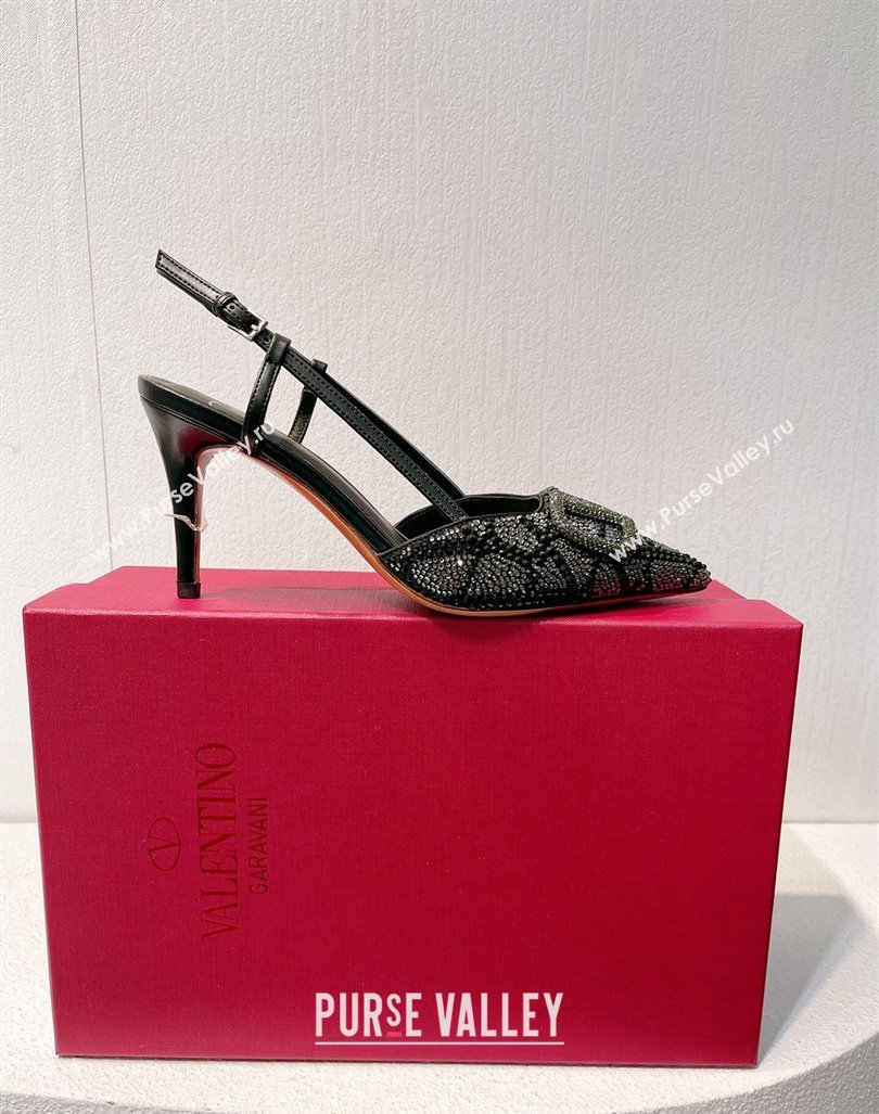 Valentino VLogo Slingback Pumps 8cm in Toile Iconographe Strass Black/Green 2024 0612 (MD-240612058)