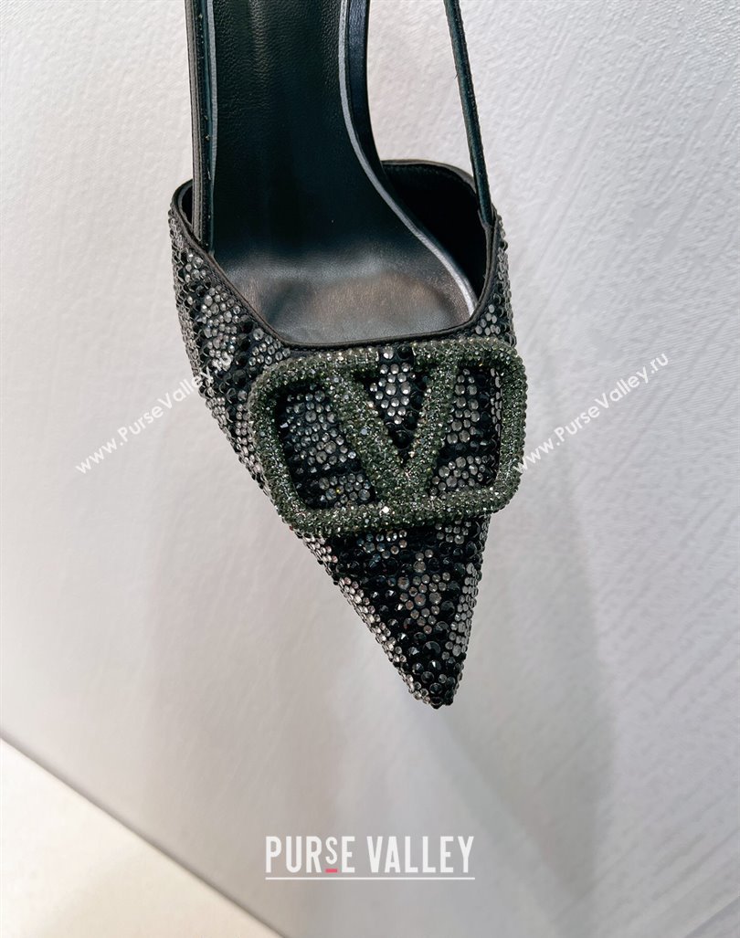 Valentino VLogo Slingback Pumps 8cm in Toile Iconographe Strass Black/Green 2024 0612 (MD-240612058)