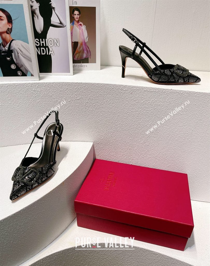 Valentino VLogo Slingback Pumps 8cm in Toile Iconographe Strass Black/Green 2024 0612 (MD-240612058)