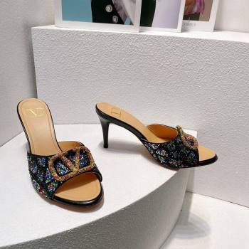 Valentino VLogo Heel Slides Sandal 8cm in Toile Iconographe Strass Black/Multicolor 2024 0612 (MD-240612059)