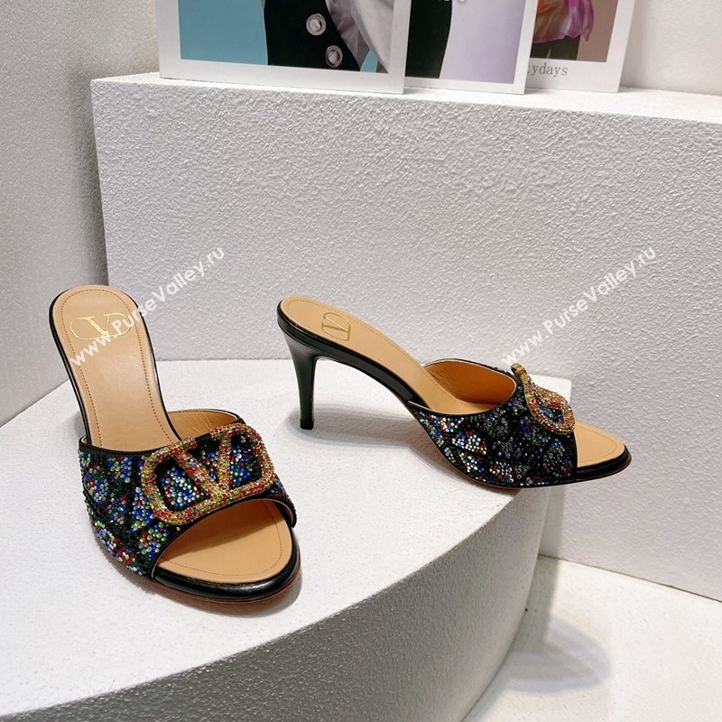 Valentino VLogo Heel Slides Sandal 8cm in Toile Iconographe Strass Black/Multicolor 2024 0612 (MD-240612059)