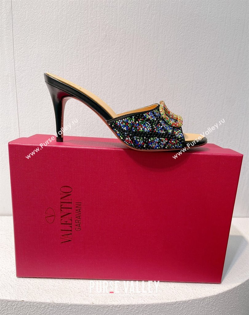 Valentino VLogo Heel Slides Sandal 8cm in Toile Iconographe Strass Black/Multicolor 2024 0612 (MD-240612059)