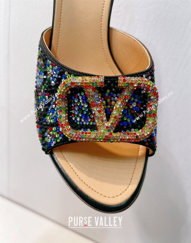 Valentino VLogo Heel Slides Sandal 8cm in Toile Iconographe Strass Black/Multicolor 2024 0612 (MD-240612059)