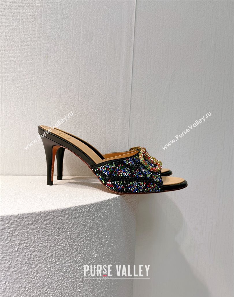 Valentino VLogo Heel Slides Sandal 8cm in Toile Iconographe Strass Black/Multicolor 2024 0612 (MD-240612059)