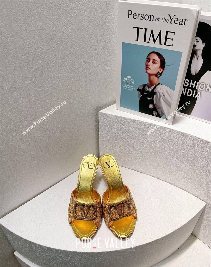 Valentino VLogo Heel Slides Sandal 8cm in Toile Iconographe Strass Gold Yellow 2024 0612 (MD-240612060)