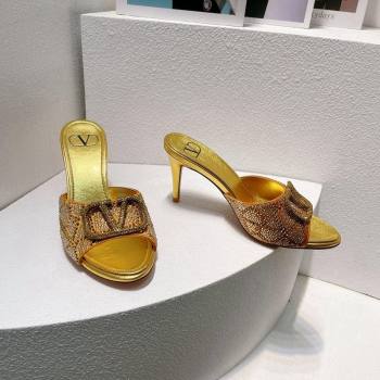 Valentino VLogo Heel Slides Sandal 8cm in Toile Iconographe Strass Gold Yellow 2024 0612 (MD-240612060)