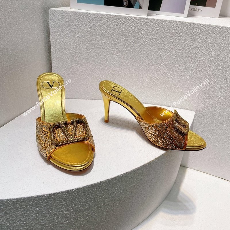 Valentino VLogo Heel Slides Sandal 8cm in Toile Iconographe Strass Gold Yellow 2024 0612 (MD-240612060)