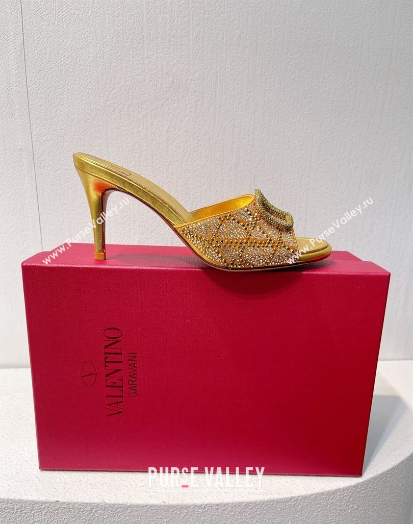 Valentino VLogo Heel Slides Sandal 8cm in Toile Iconographe Strass Gold Yellow 2024 0612 (MD-240612060)