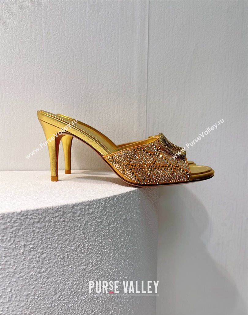 Valentino VLogo Heel Slides Sandal 8cm in Toile Iconographe Strass Gold Yellow 2024 0612 (MD-240612060)