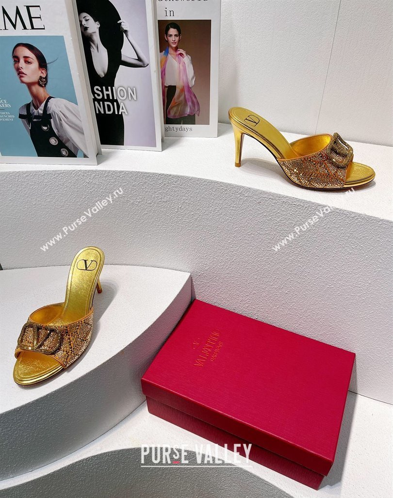 Valentino VLogo Heel Slides Sandal 8cm in Toile Iconographe Strass Gold Yellow 2024 0612 (MD-240612060)