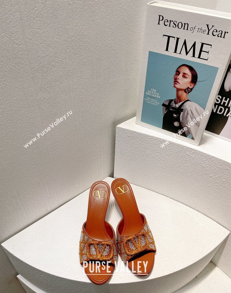 Valentino VLogo Heel Slides Sandal 8cm in Toile Iconographe Strass Tan Brown 2024 0612 (MD-240612064)