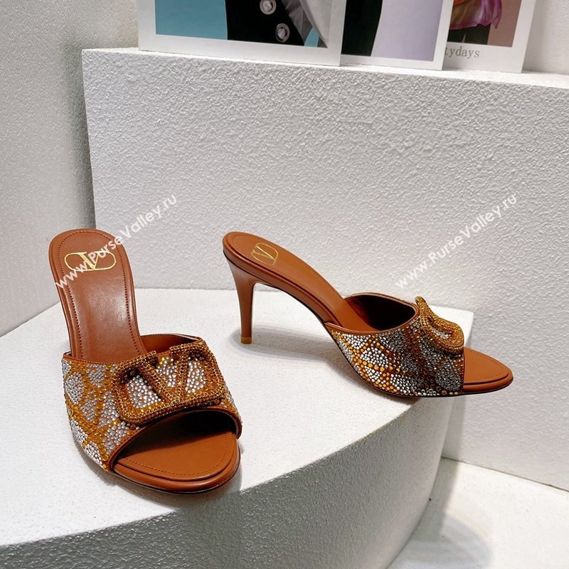 Valentino VLogo Heel Slides Sandal 8cm in Toile Iconographe Strass Tan Brown 2024 0612 (MD-240612064)