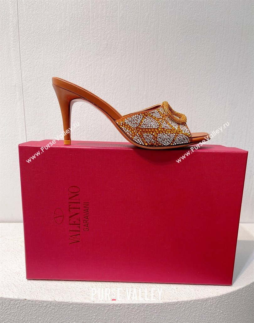 Valentino VLogo Heel Slides Sandal 8cm in Toile Iconographe Strass Tan Brown 2024 0612 (MD-240612064)