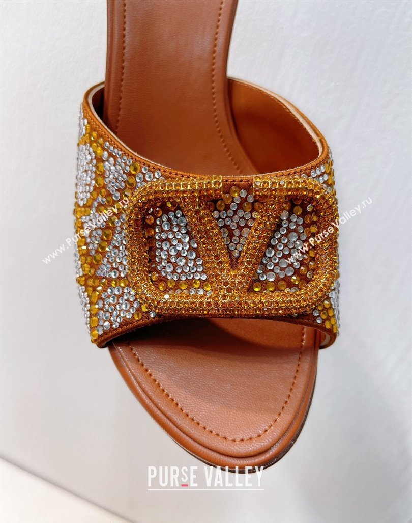 Valentino VLogo Heel Slides Sandal 8cm in Toile Iconographe Strass Tan Brown 2024 0612 (MD-240612064)