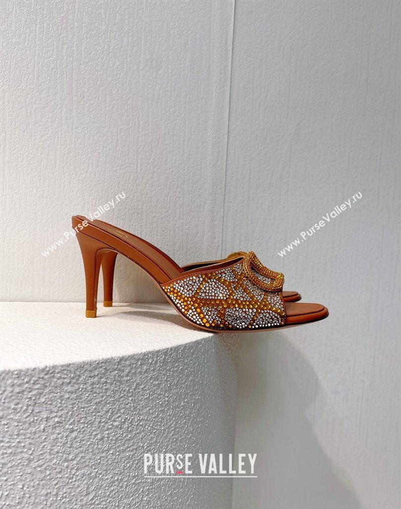 Valentino VLogo Heel Slides Sandal 8cm in Toile Iconographe Strass Tan Brown 2024 0612 (MD-240612064)