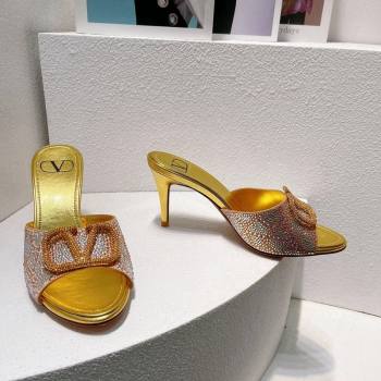 Valentino VLogo Heel Slides Sandal 8cm in Toile Iconographe Strass Gold/Nude 2024 0612 (MD-240612066)